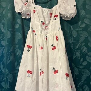 Cherry puff sleeve dress with corset front